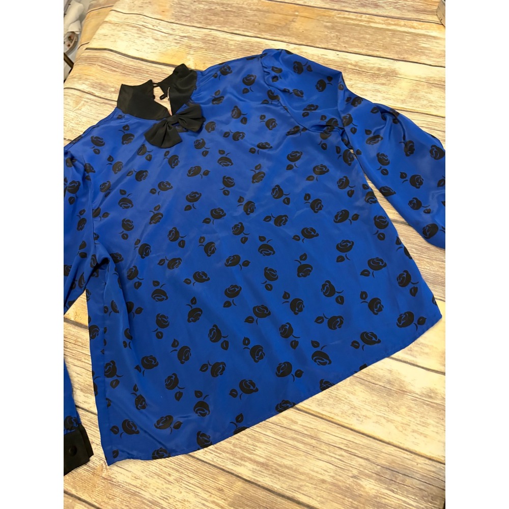 Jaclyn Smith‎ Vintage Blue Floral Bow Collar Blouse Long Sleeve Size 14 Twee